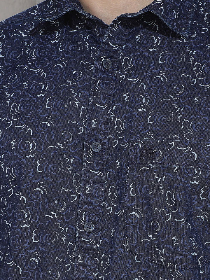Blue Floral Print 100% Cotton Shirt