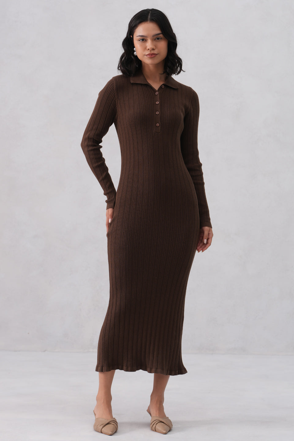 Brown Vertical Stripes Winter Bodycon Dress