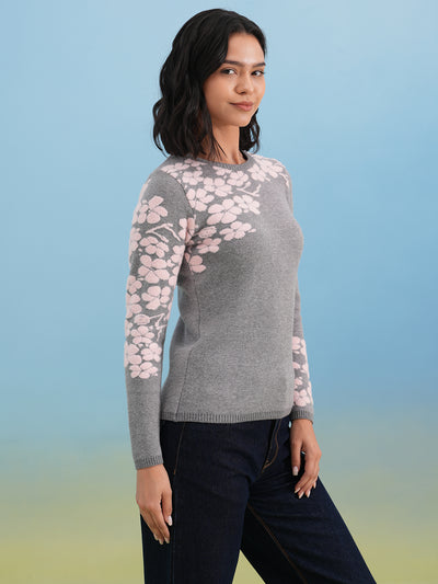 Grey Pink Floral Knit Sweater