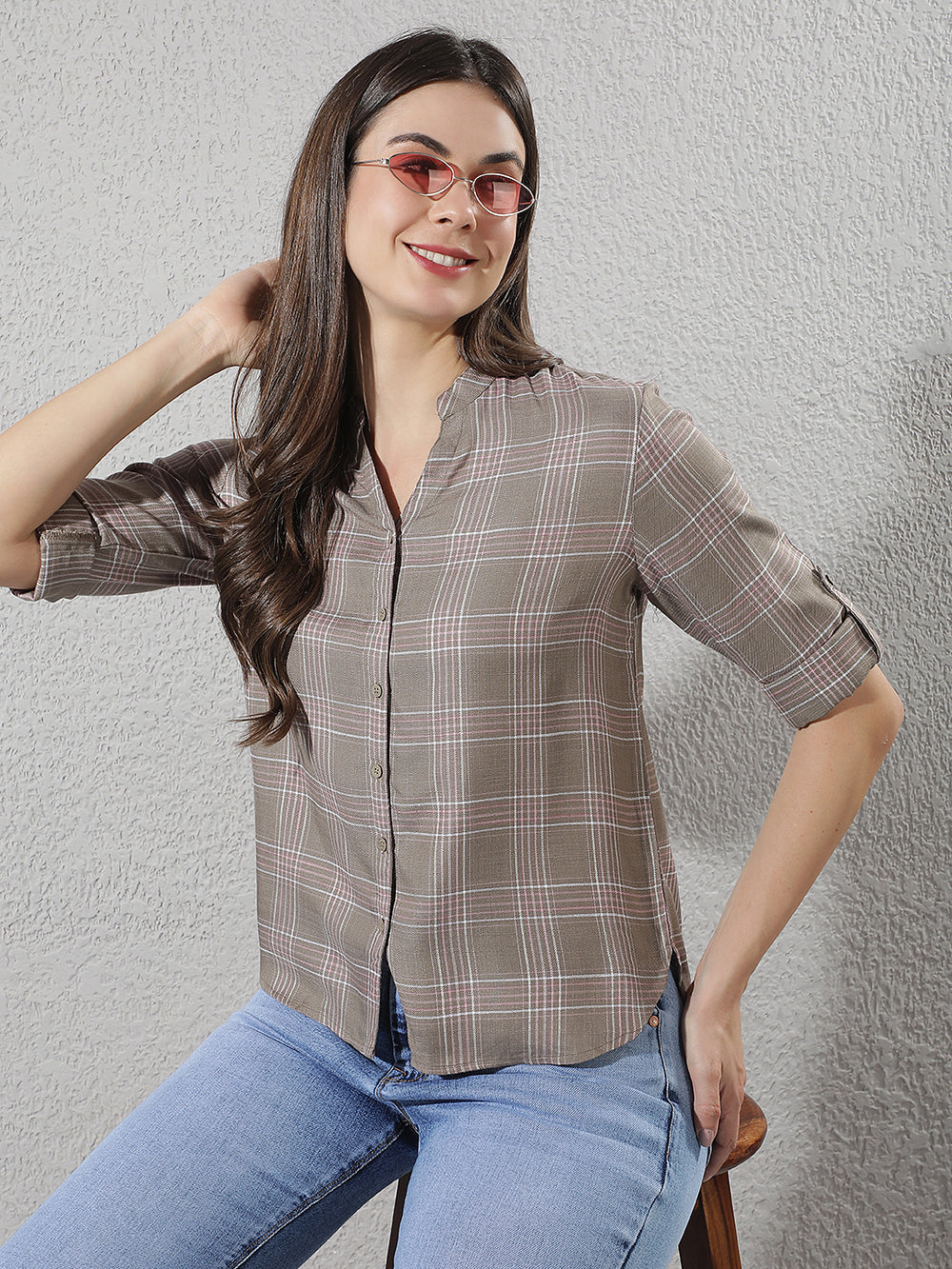 Brown Checked V-Neck Shirt