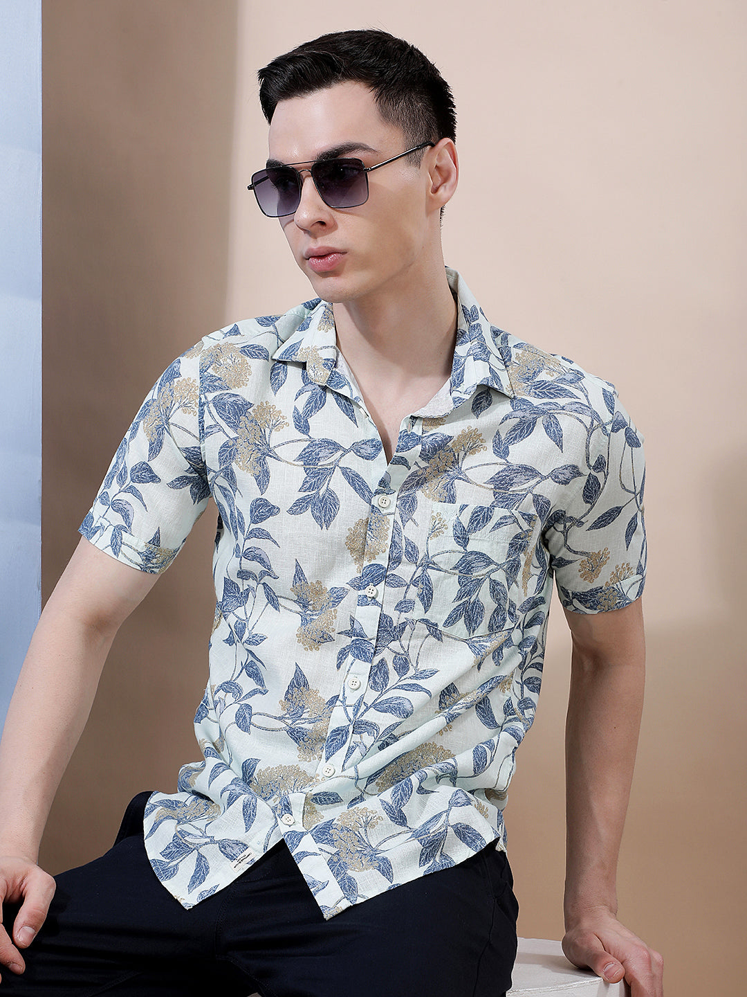 Blue Floral Print Linen Shirt