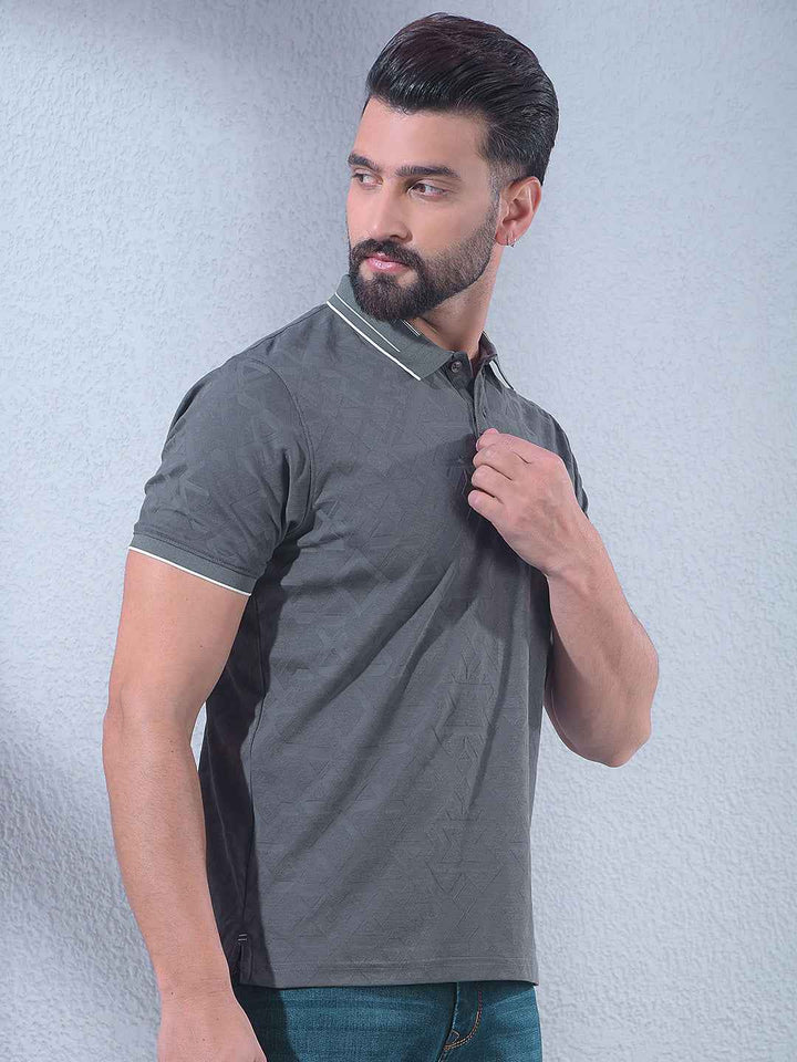 Grey Jacquard Polo Neck T-Shirt
