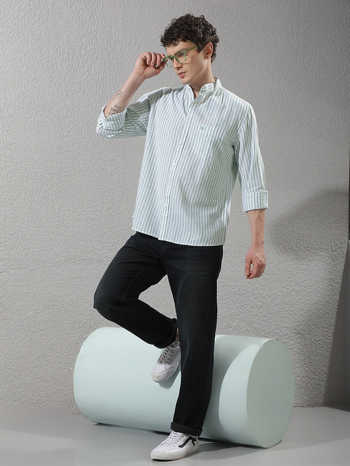 Green Linen Verical Stripes Shirt