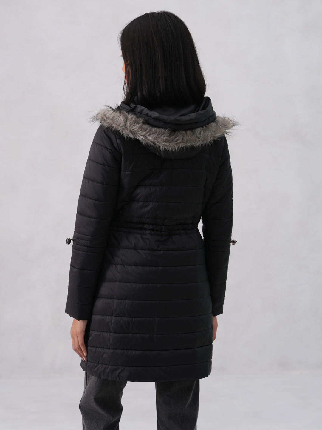Black Puffer Hooded Neck Jacket