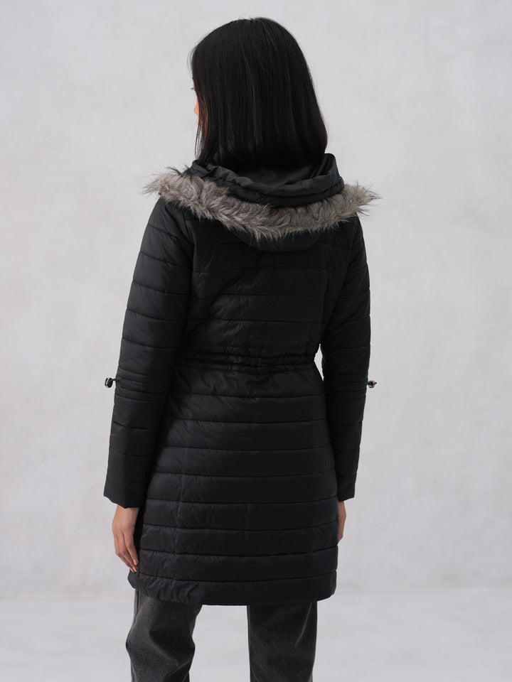 Black Puffer Hooded Neck Jacket