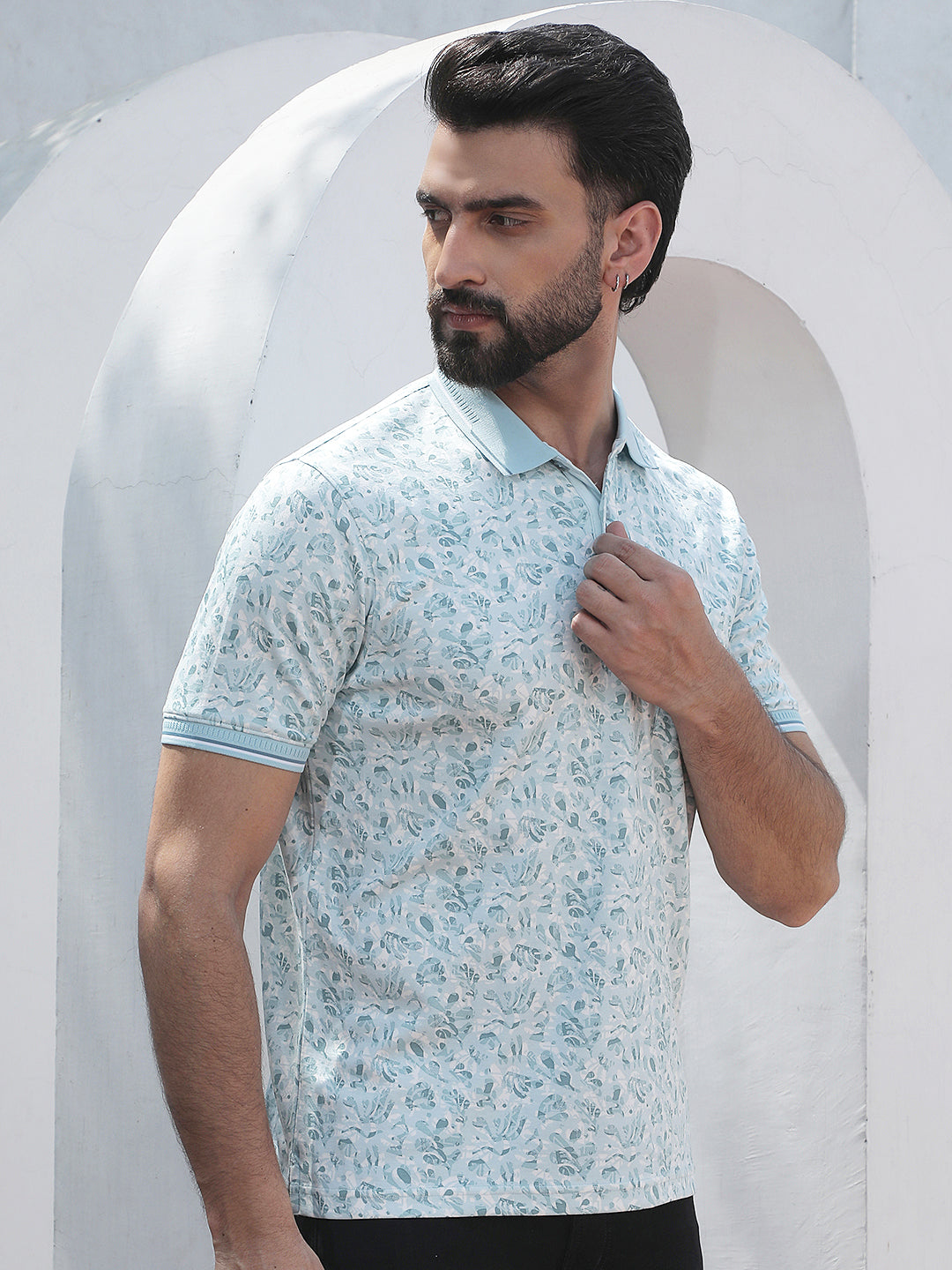 Blue Botanical Print Polo Neck T-Shirt