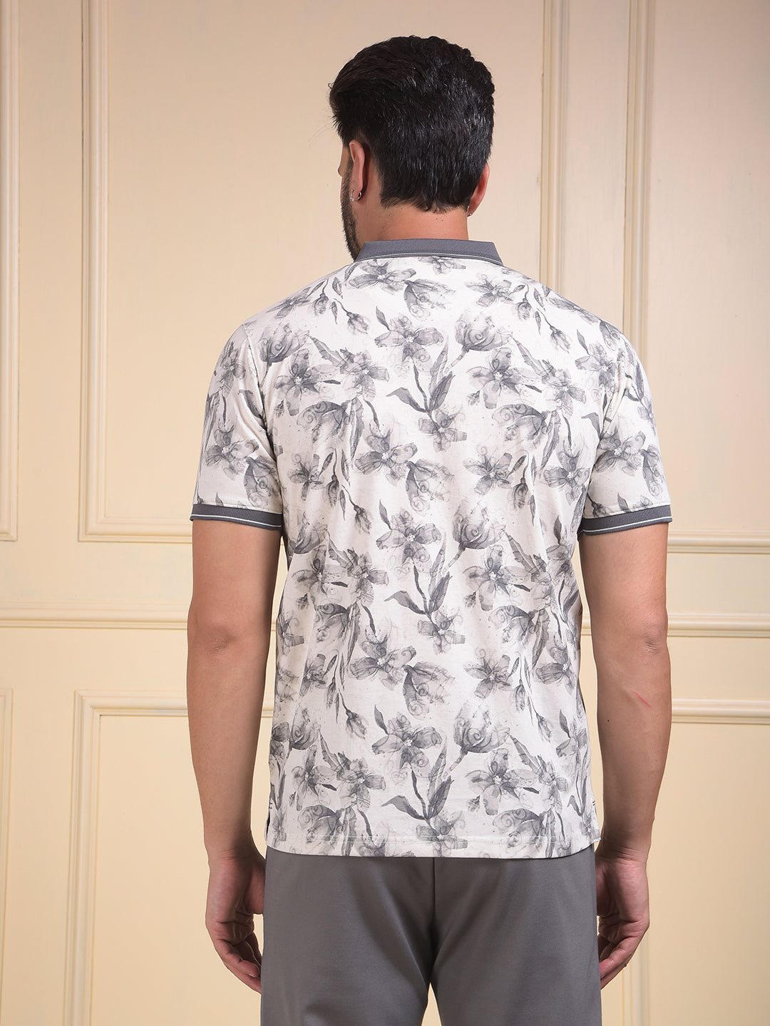 Grey Floral Print Polo Neck T-Shirt