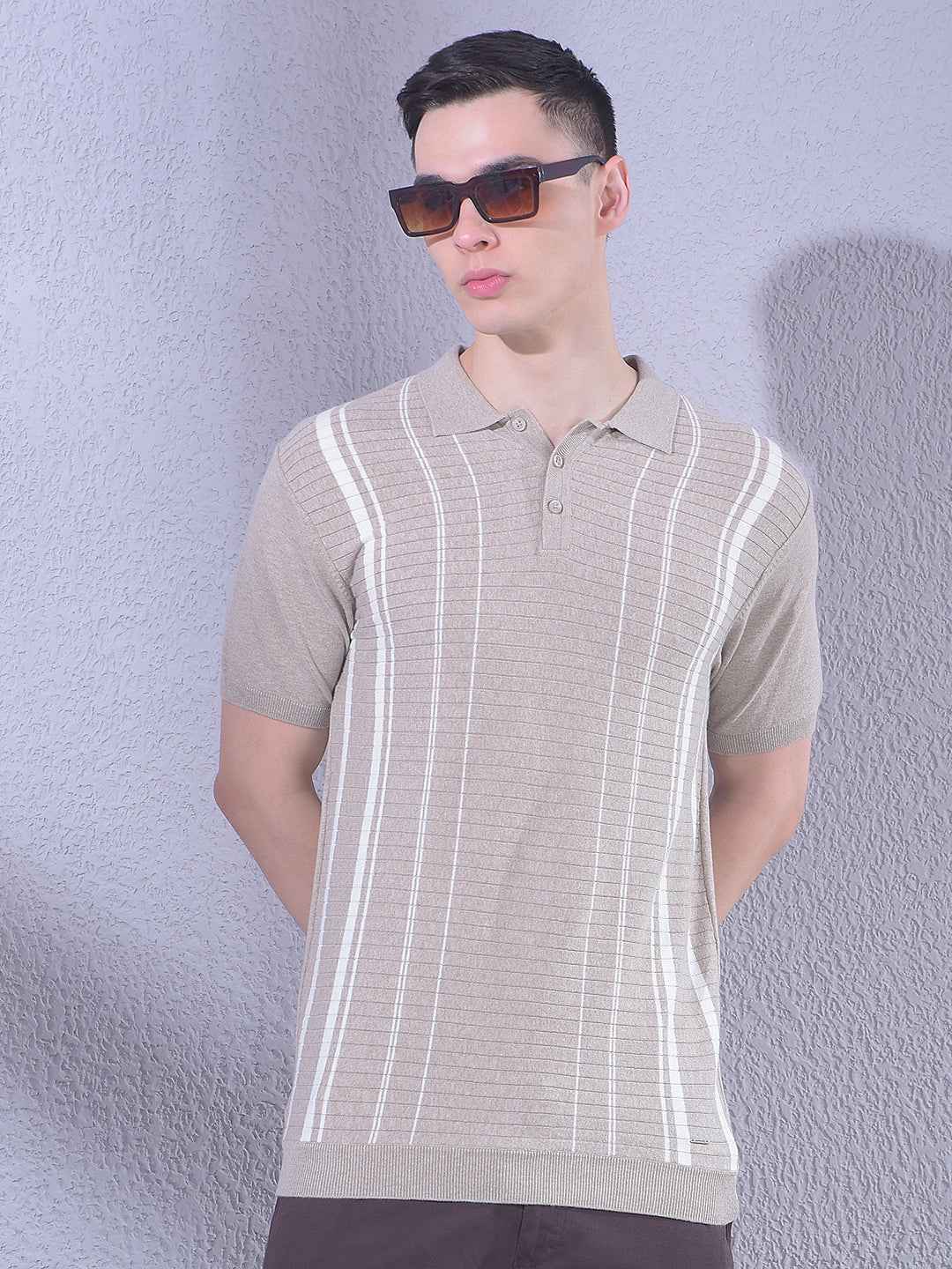 Beige Vertical Stripes T-Shirt