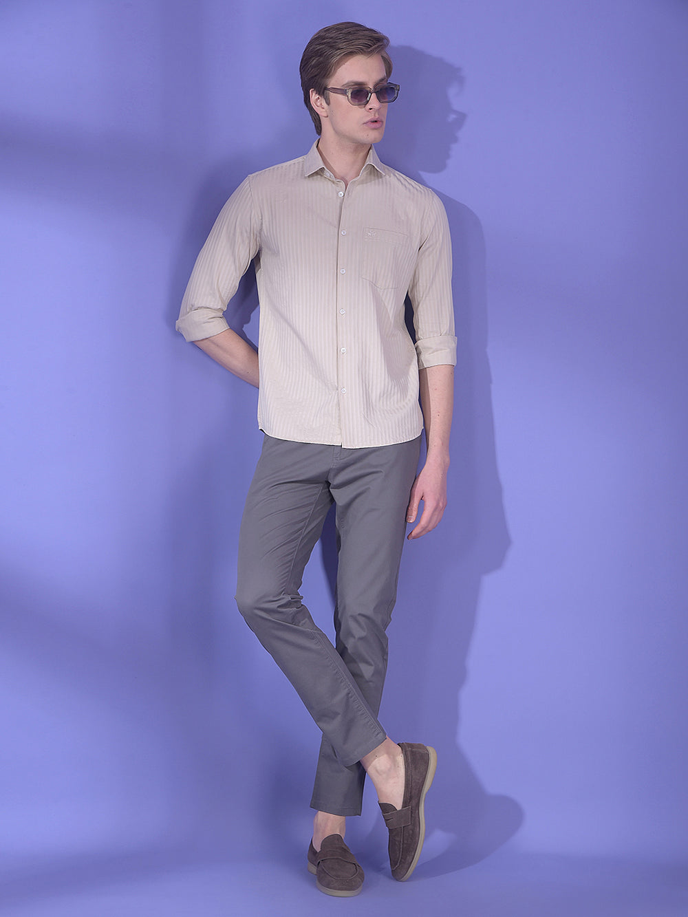 Beige Vertical Stripes 100% Cotton Shirt