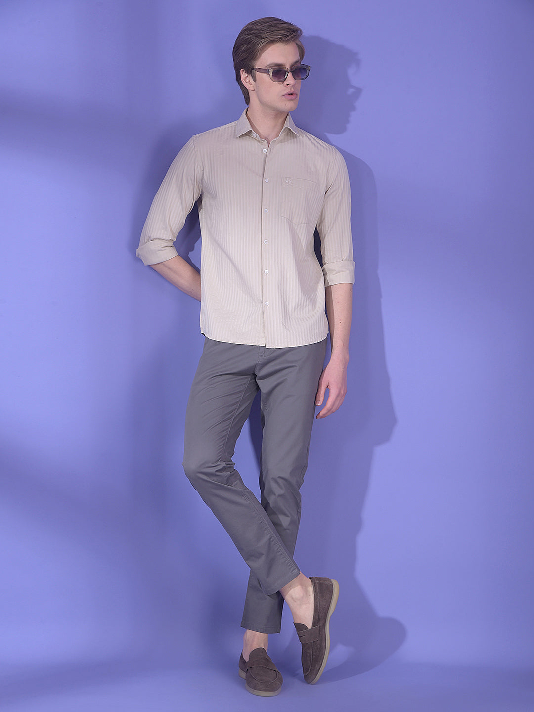 Beige Vertical Stripes 100% Cotton Shirt