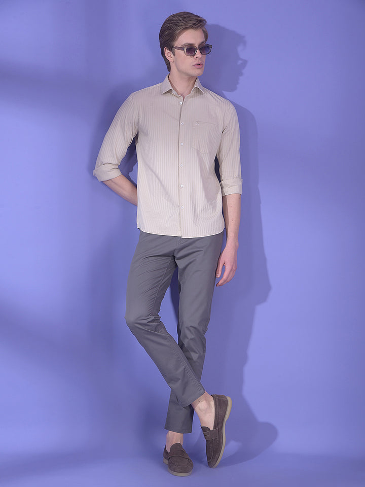 Beige Vertical Stripes 100% Cotton Shirt