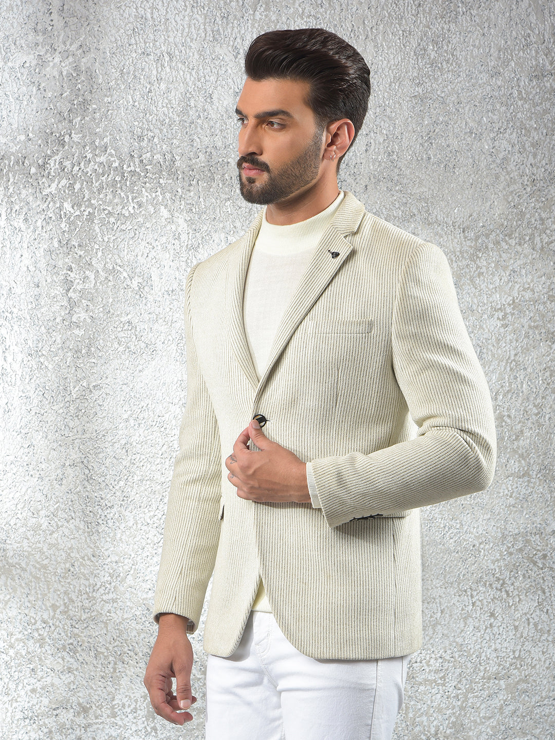 Beige Vertical Stripes Notched Lapel Single-Breasted Blazer