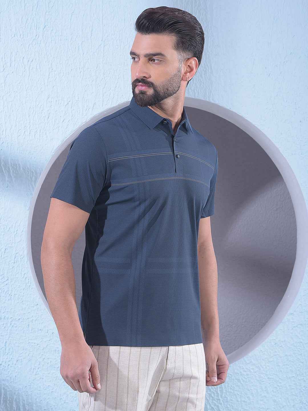 Navy Blue Checked Polo Neck T-Shirt