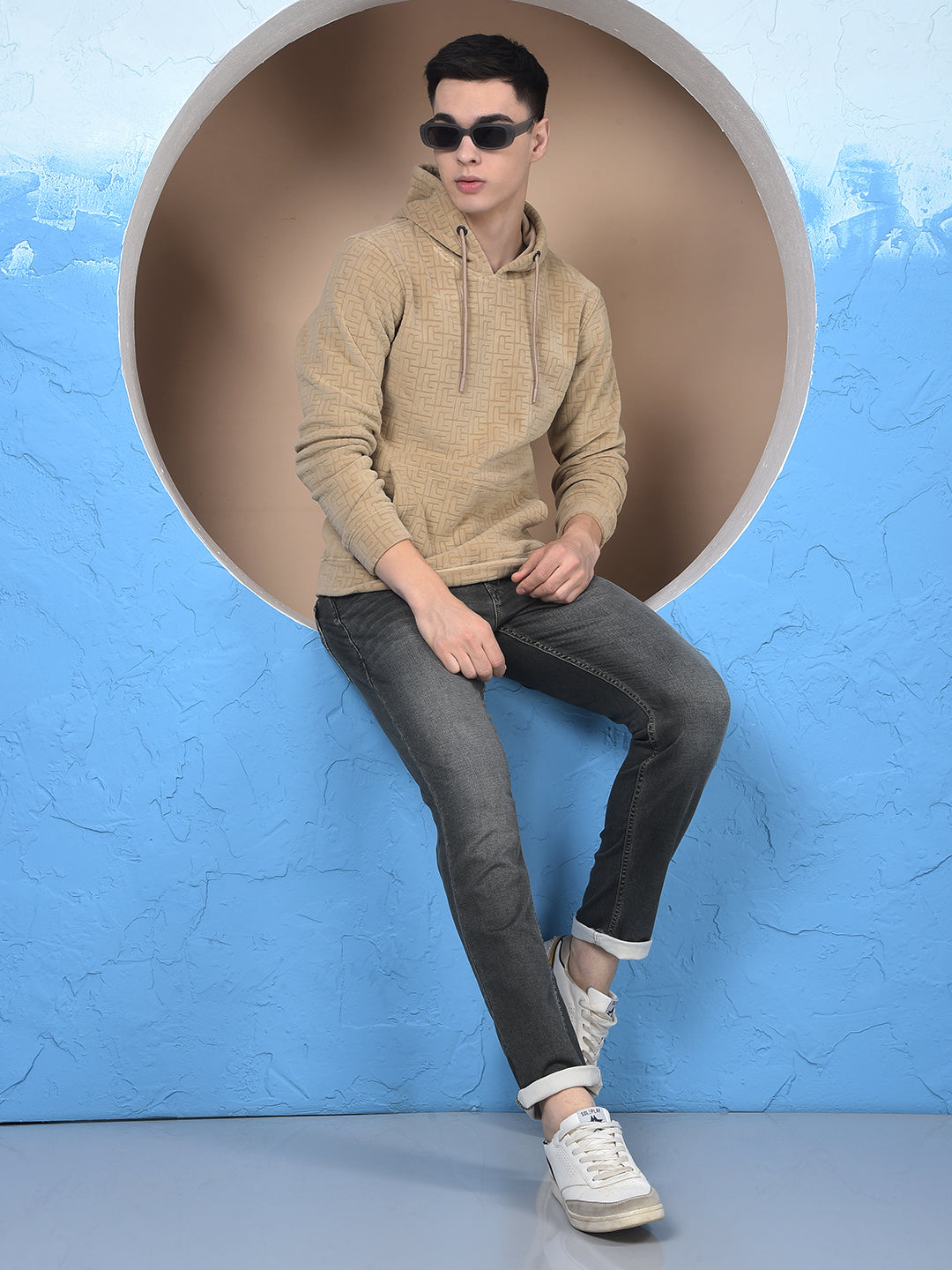 Beige Jacquard Hooded Neck Sweatshirt