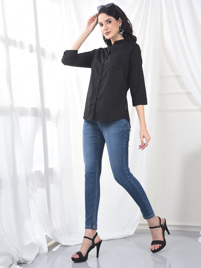 Jet Black Soft-Touch Mandarin Collar Shirt