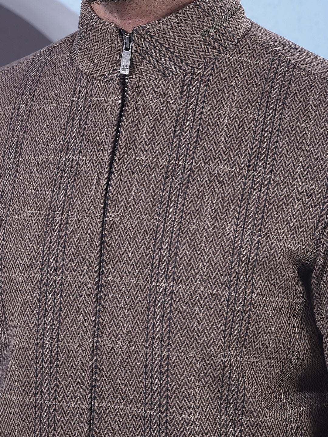 Brown Herringbone Check Bomber Jacket