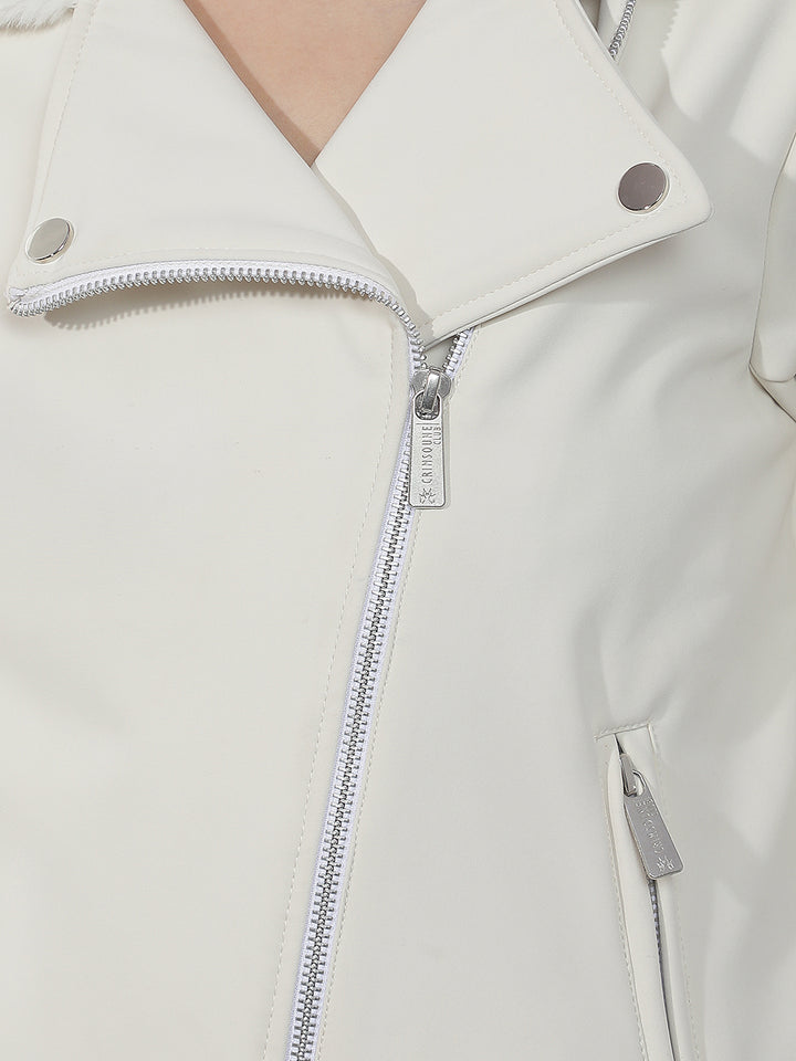 Cream Fur Collar Leather Jacket