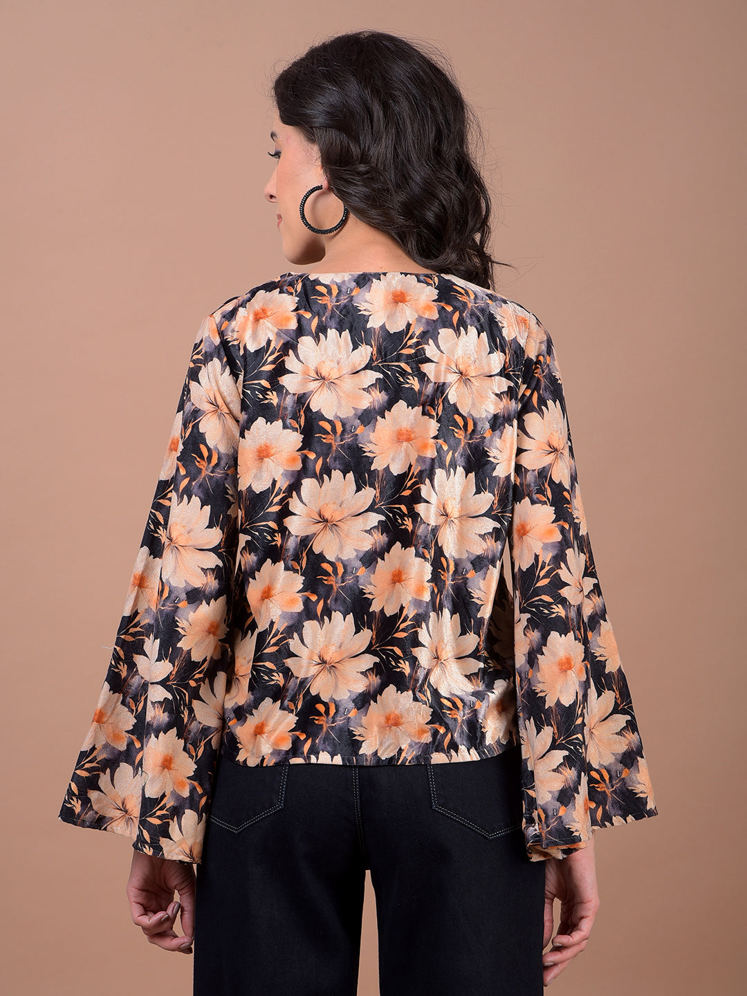 Peach Floral Print V-Neck Top