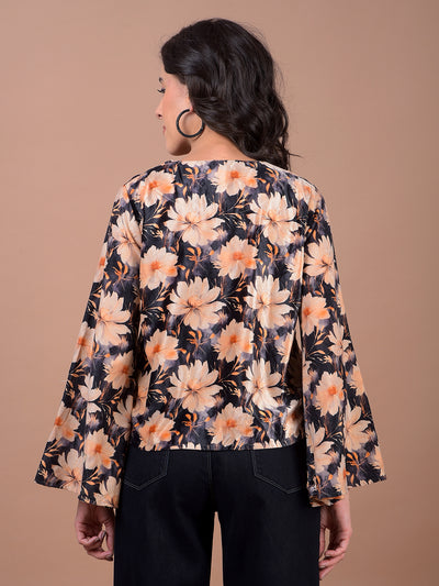Peach Floral Print V-Neck Top