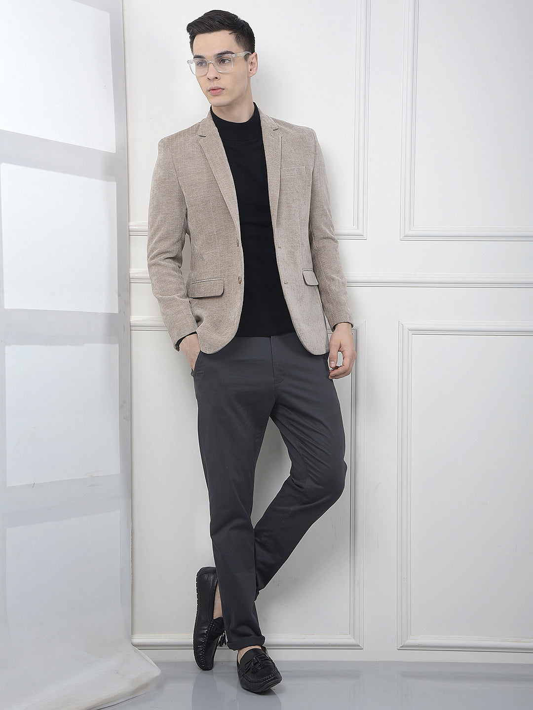 Beige Vertical Striped Notched Lapel Single Breasted Blazer
