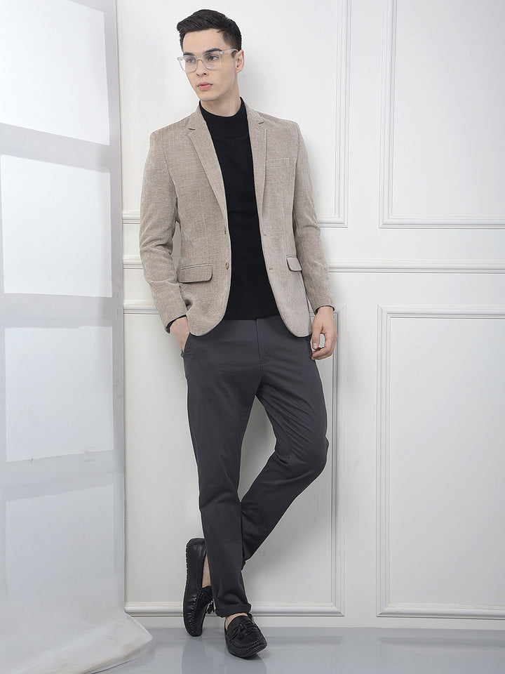 Beige Vertical Striped Notched Lapel Single Breasted Blazer