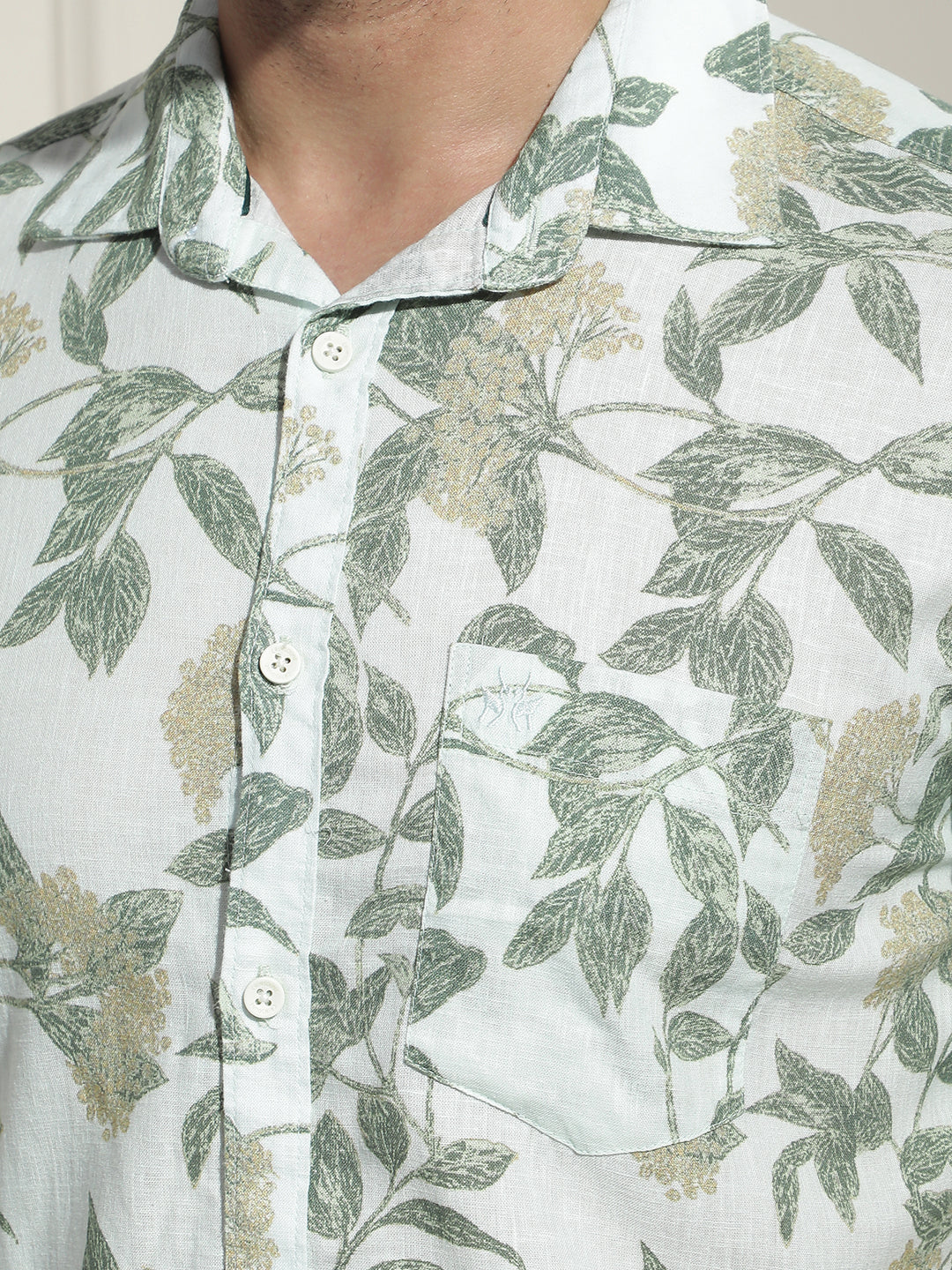 Green Floral Print Linen Shirt