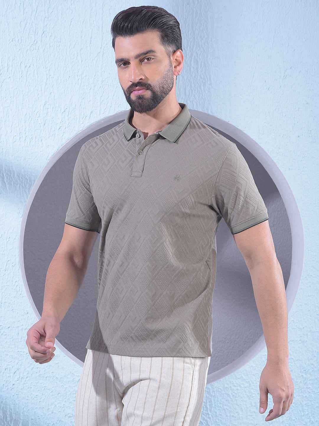 Olive Jacquard Polo Neck T-Shirt