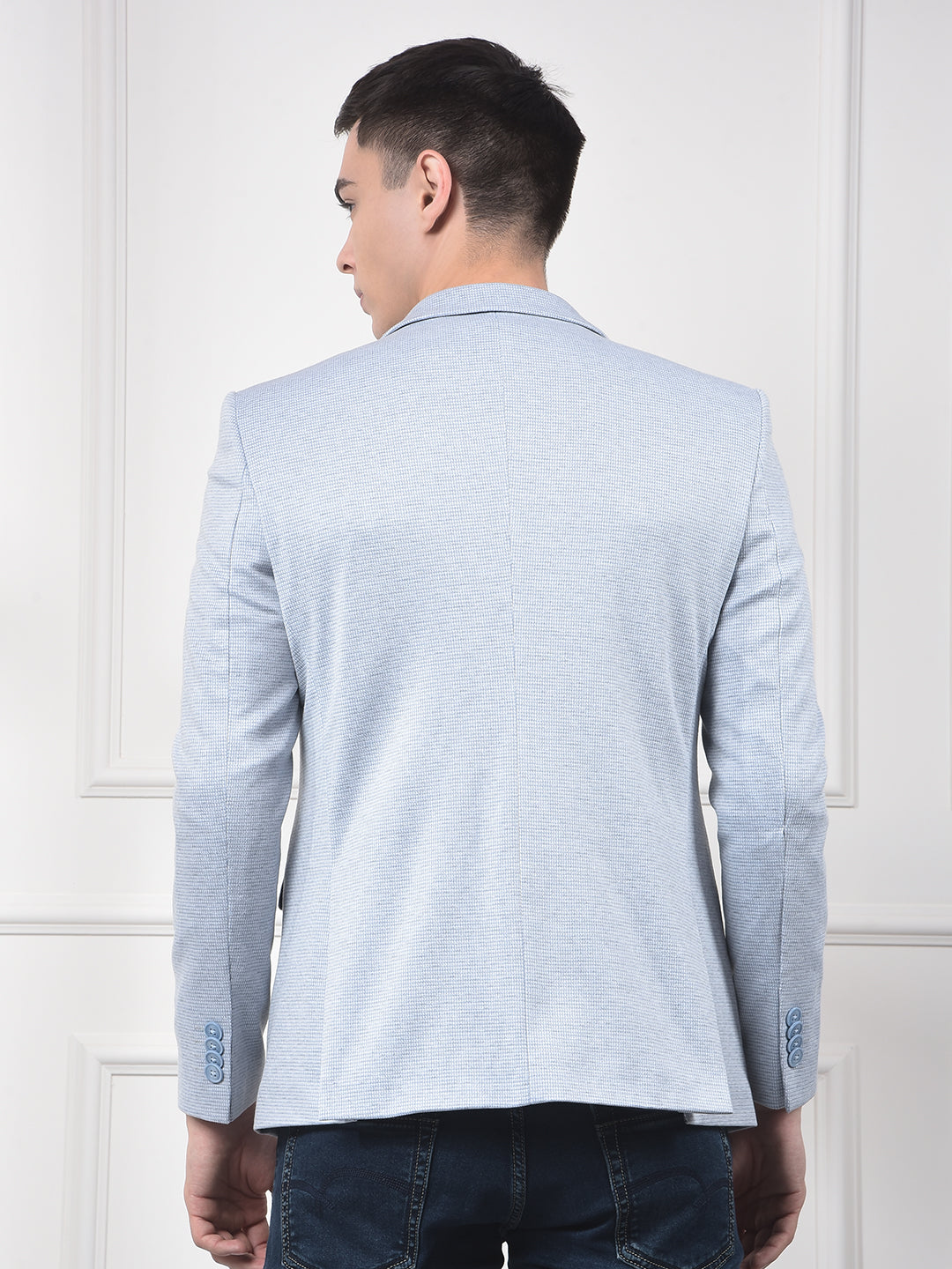 Blue Printed Notched Lapel Corduroy Blazer