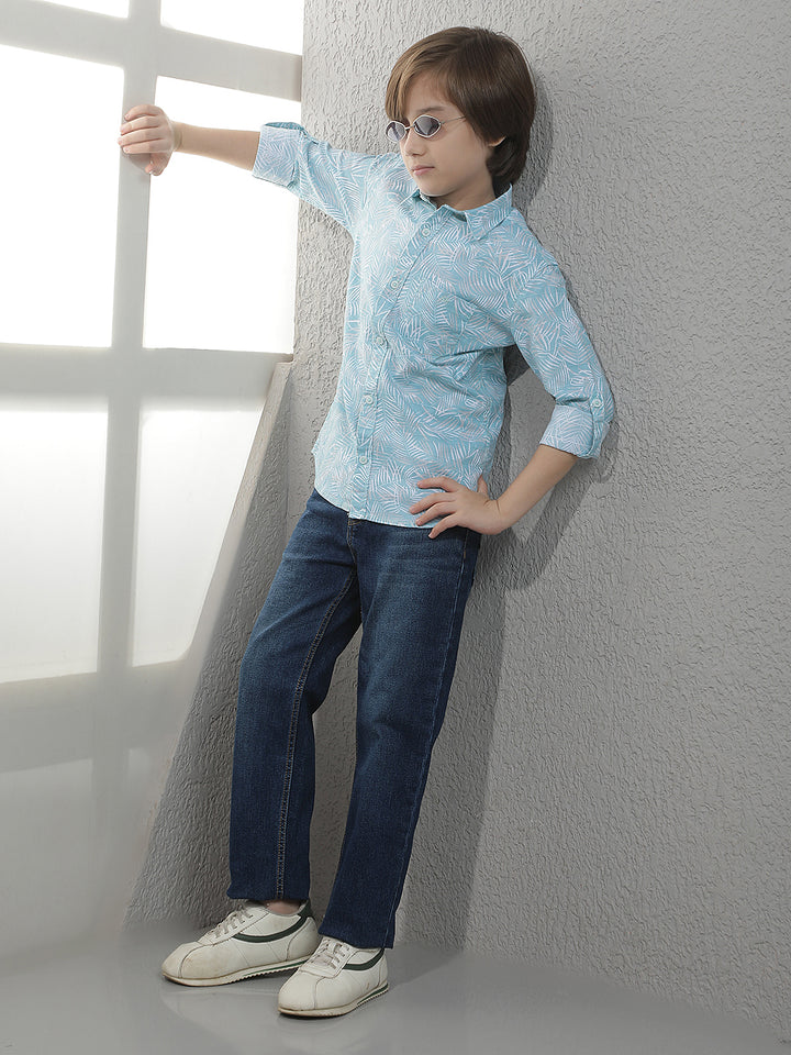 Sky Blue Tropical Print 100% Cotton Shirt