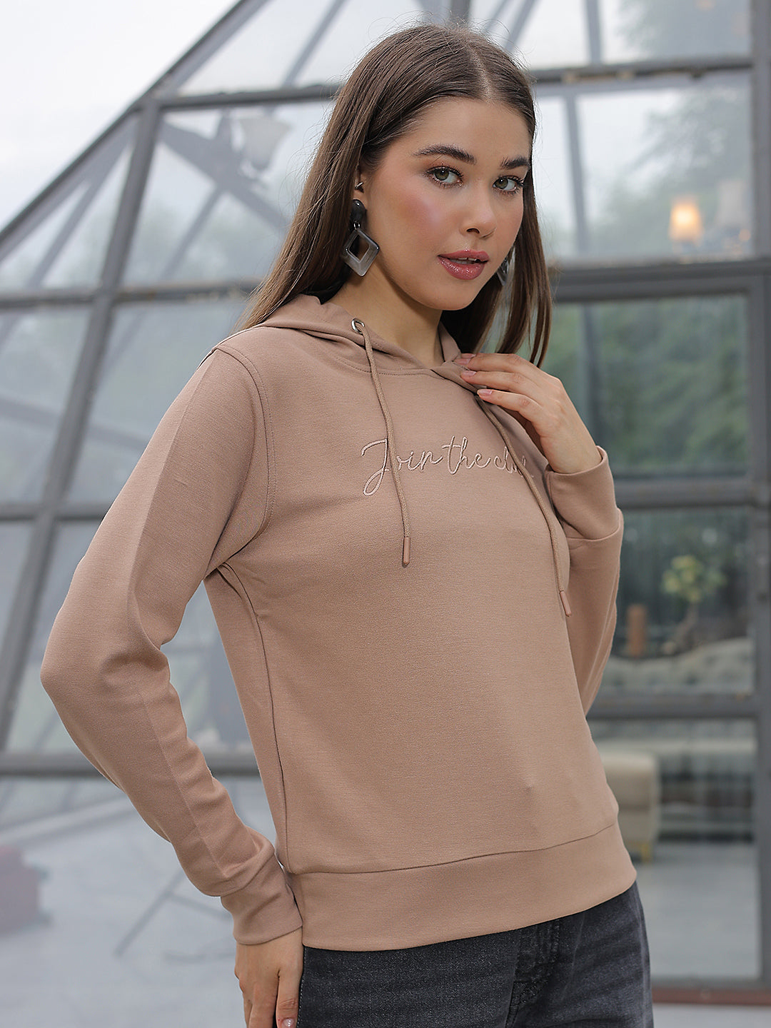 Beige Typographic Print Hooded Neck Sweatshirt