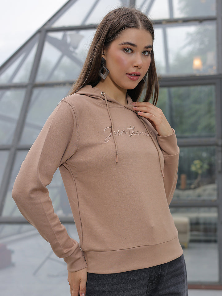 Beige Typographic Print Hooded Neck Sweatshirt