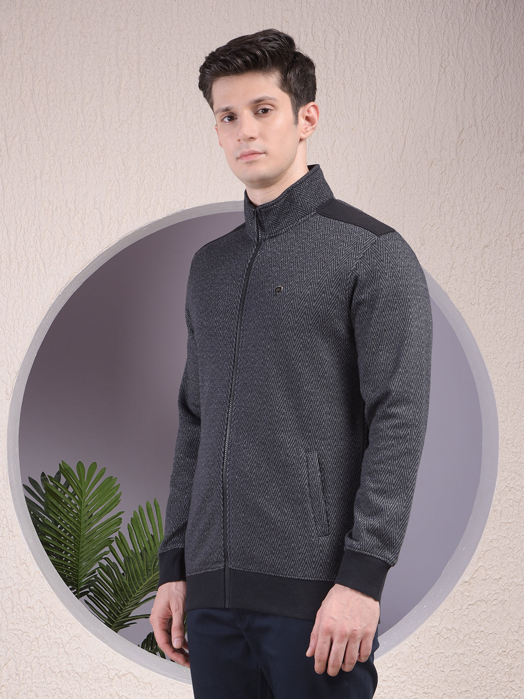Black Herringbone Zip-Up Sweatshirt