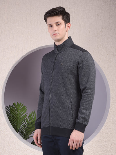 Black Herringbone Zip-Up Sweatshirt