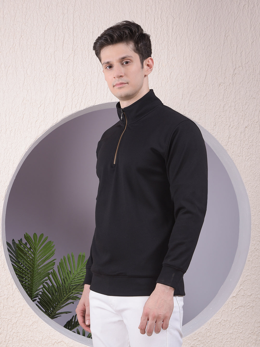 Black Half-Zip High-Neck Sweatshirt