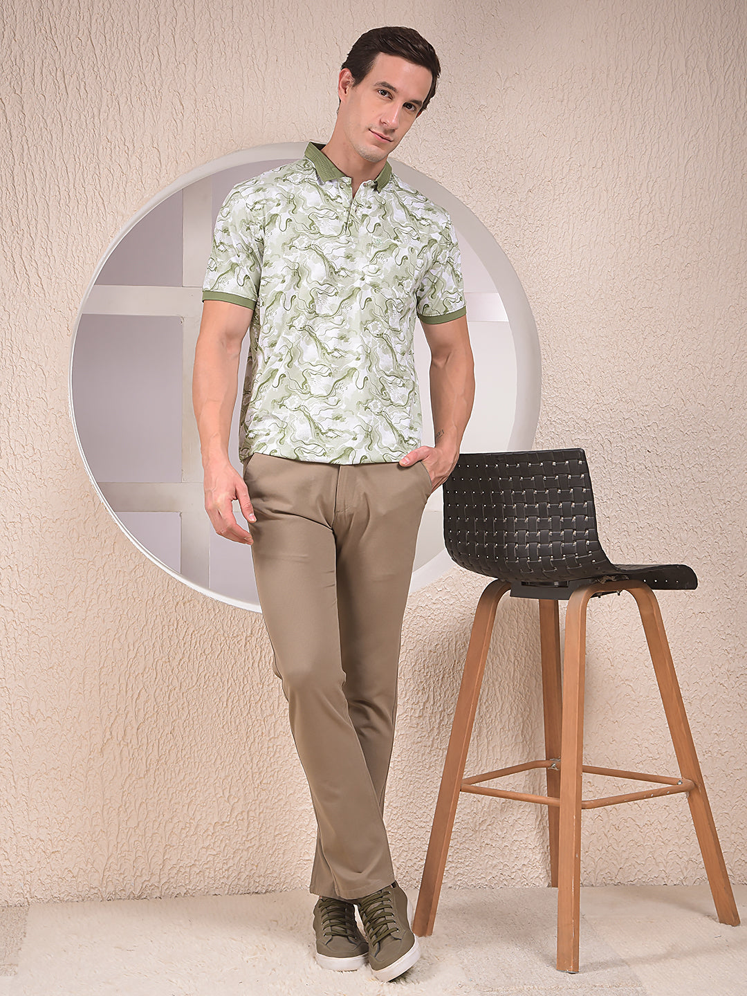 Green Abstract Print Polo Neck T-Shirt