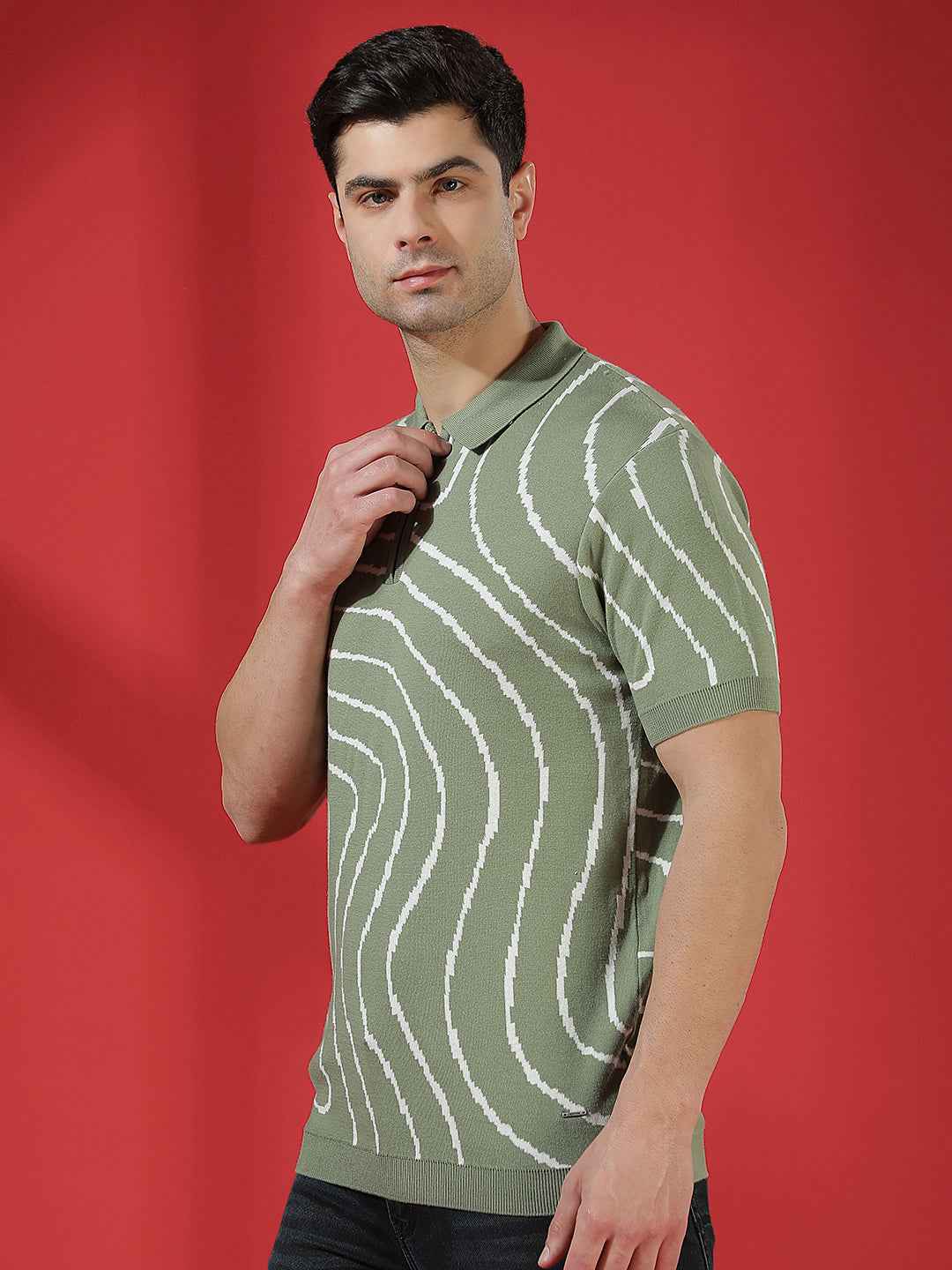 Green 100% Cotton Jacquard Texture Polo T-Shirt