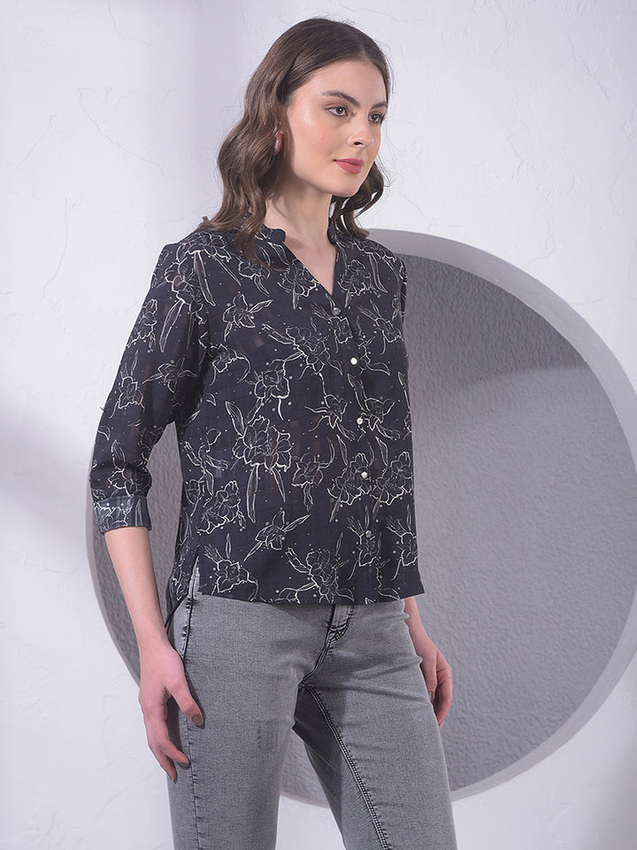 Black Floral Print V-Neck Shirt