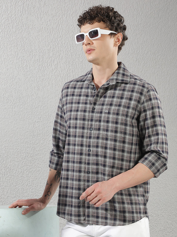 Navy Blue 100% Cotton Checked Shirt