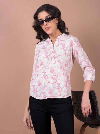 Pink Floral Print V-Neck Linen Top