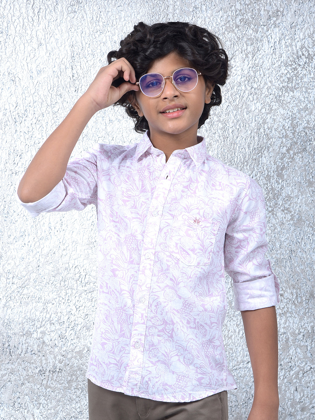 Purple Floral Print Linen Shirt