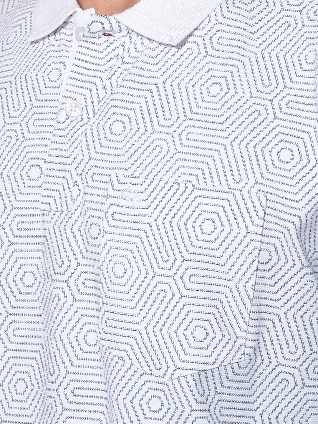 White Printed Polo-Neck T-Shirt