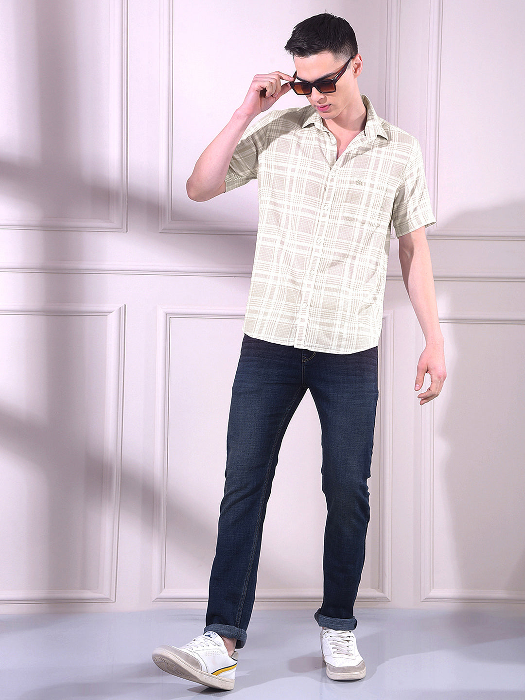 Beige 100% Cotton Checked Shirt