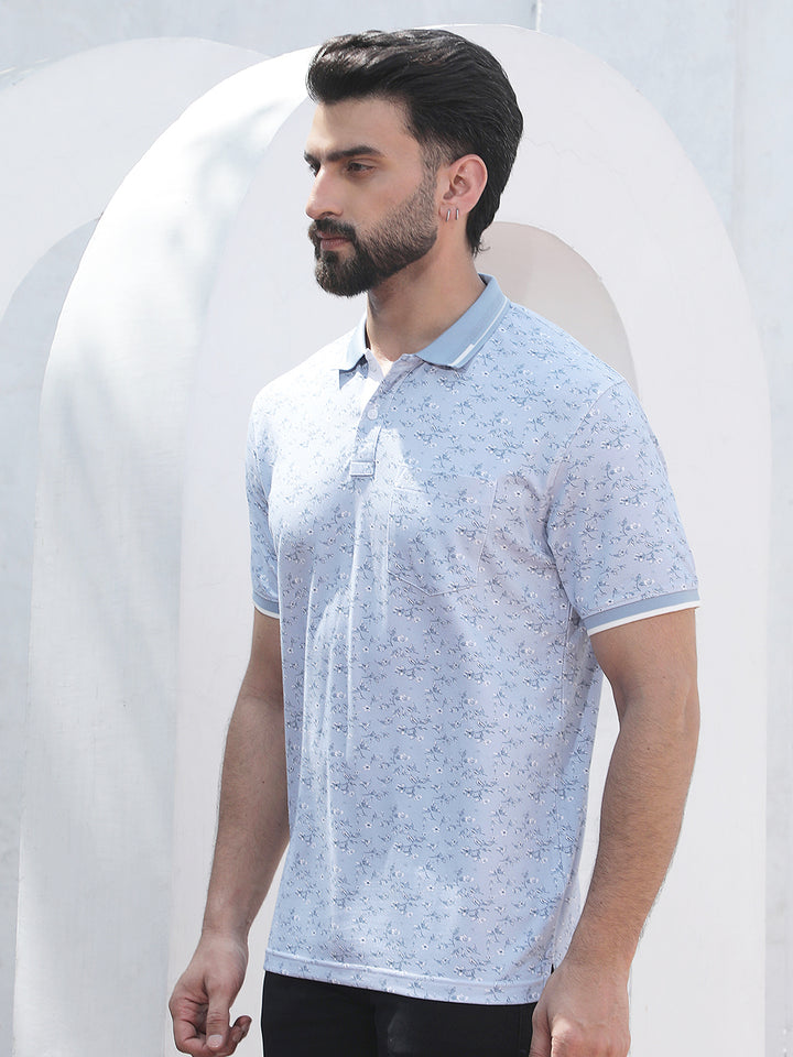 Blue Floral Print Polo Neck T-Shirt