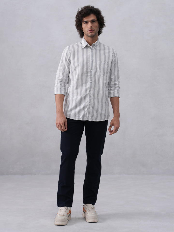 White Vertical Stripes 100% Cotton Button-Down Collar Shirt