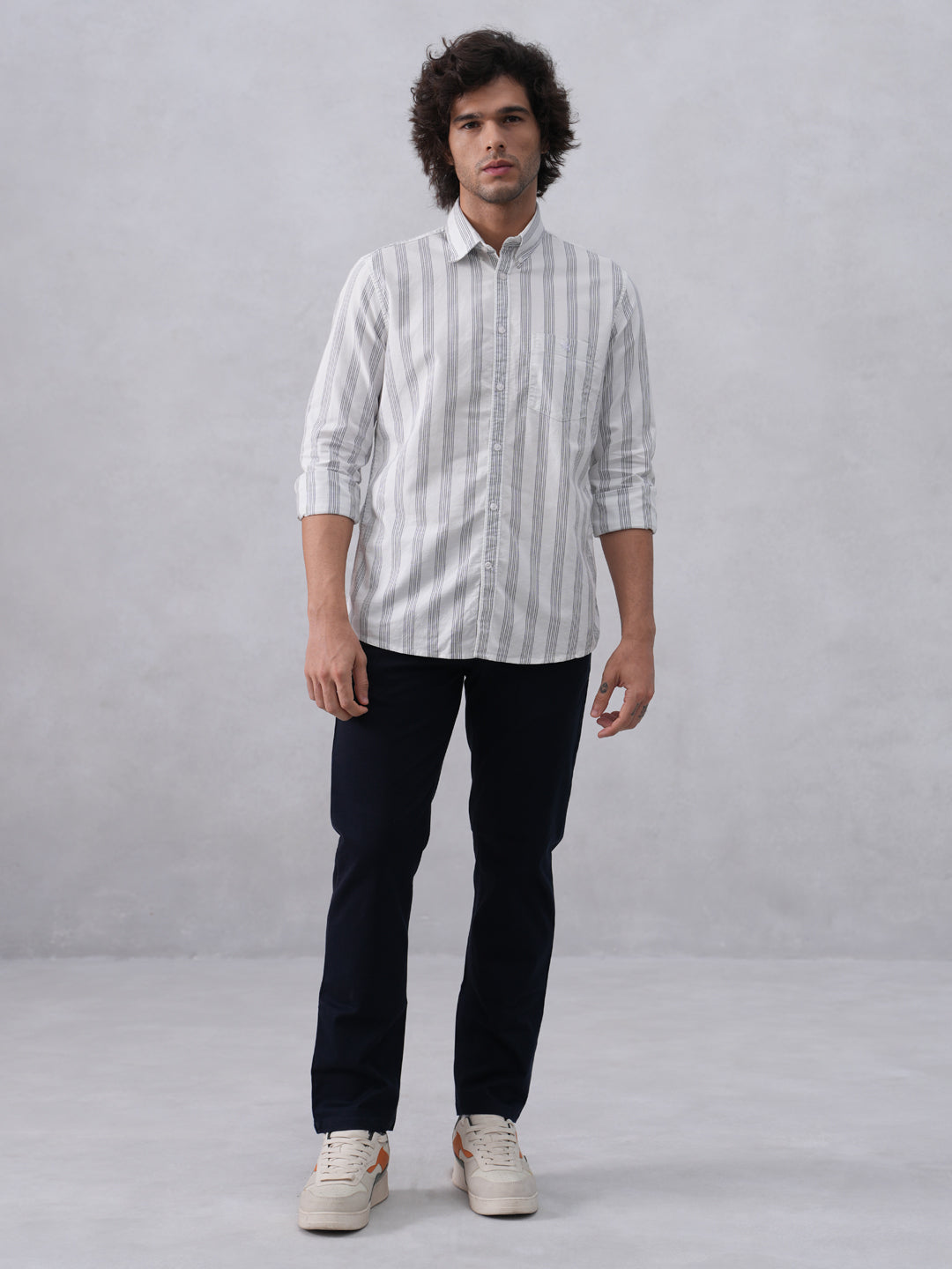 White Vertical Stripes 100% Cotton Button-Down Collar Shirt