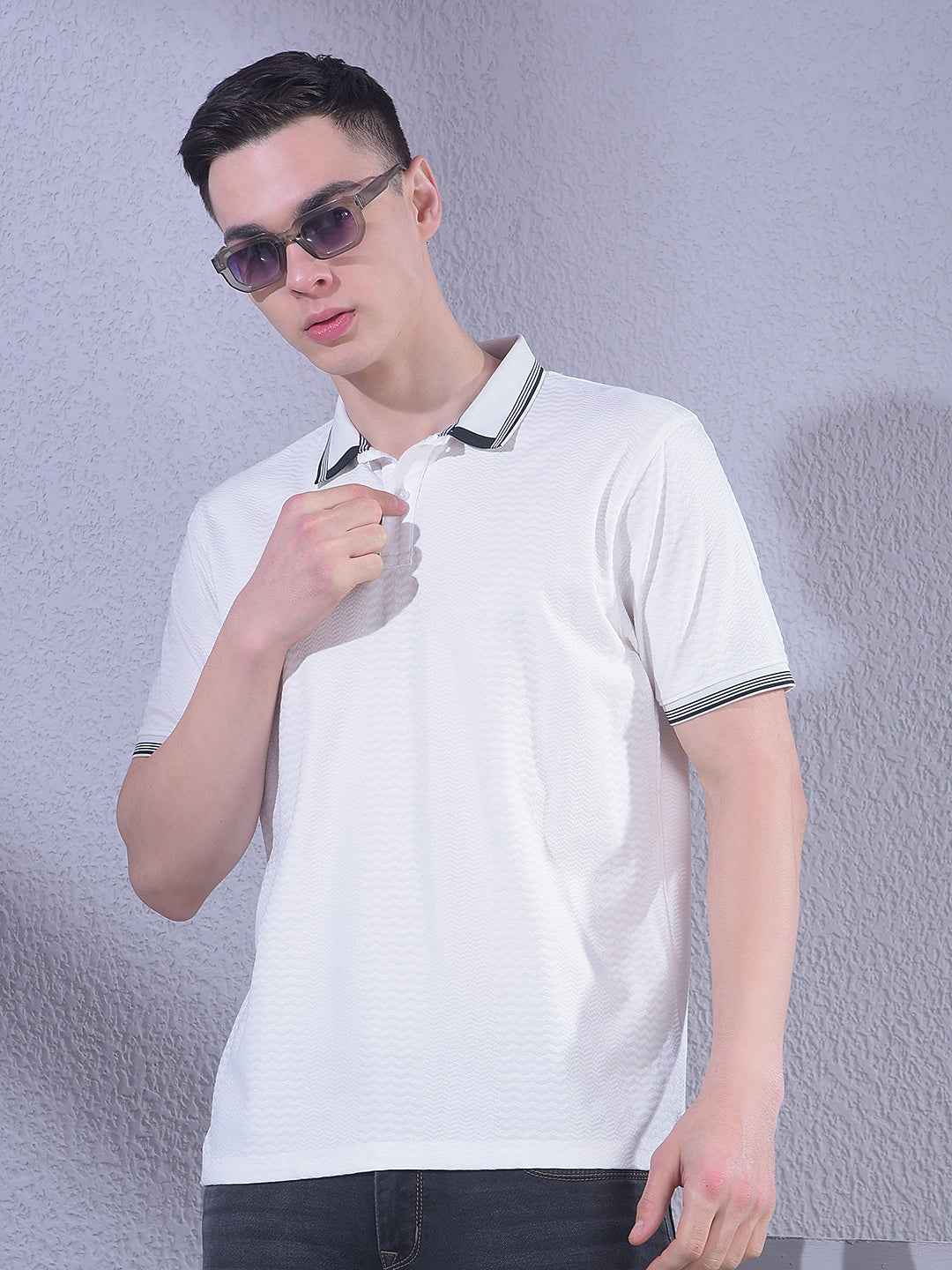 White Jacquard Polo Neck T-Shirt