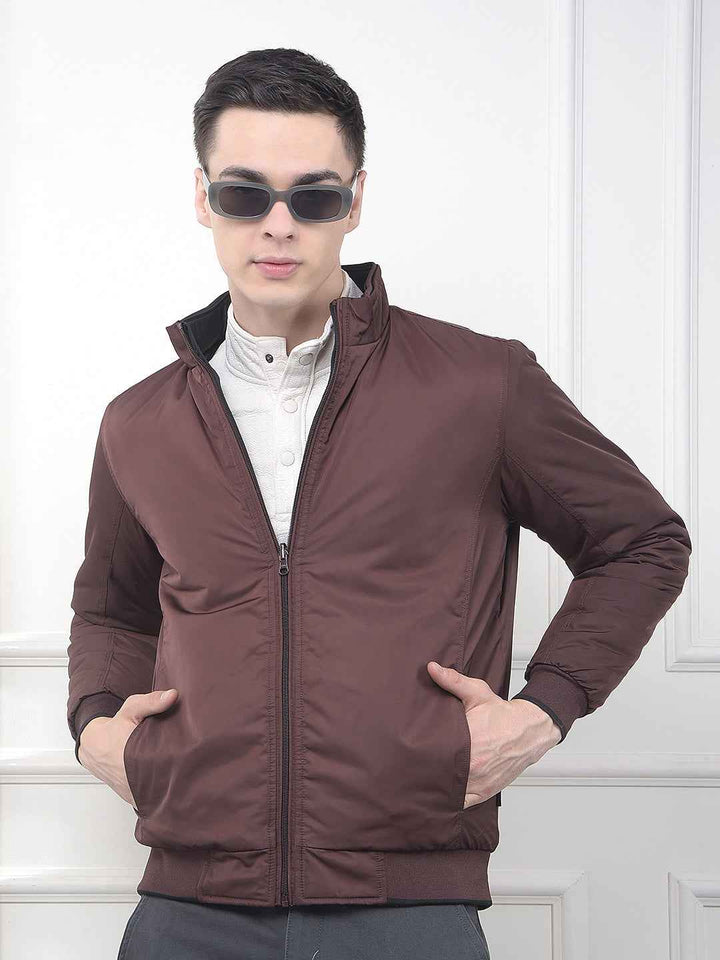 Wine High Neck Reversible Bomber Jacket