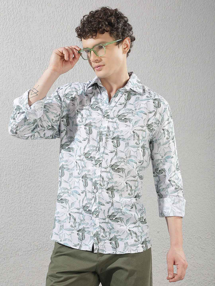Green Botanical Print Linen Shirt