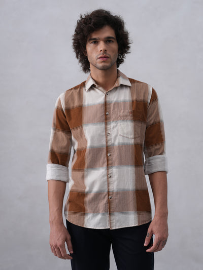 Brown Checked 100% Cotton Corduroy Shirt