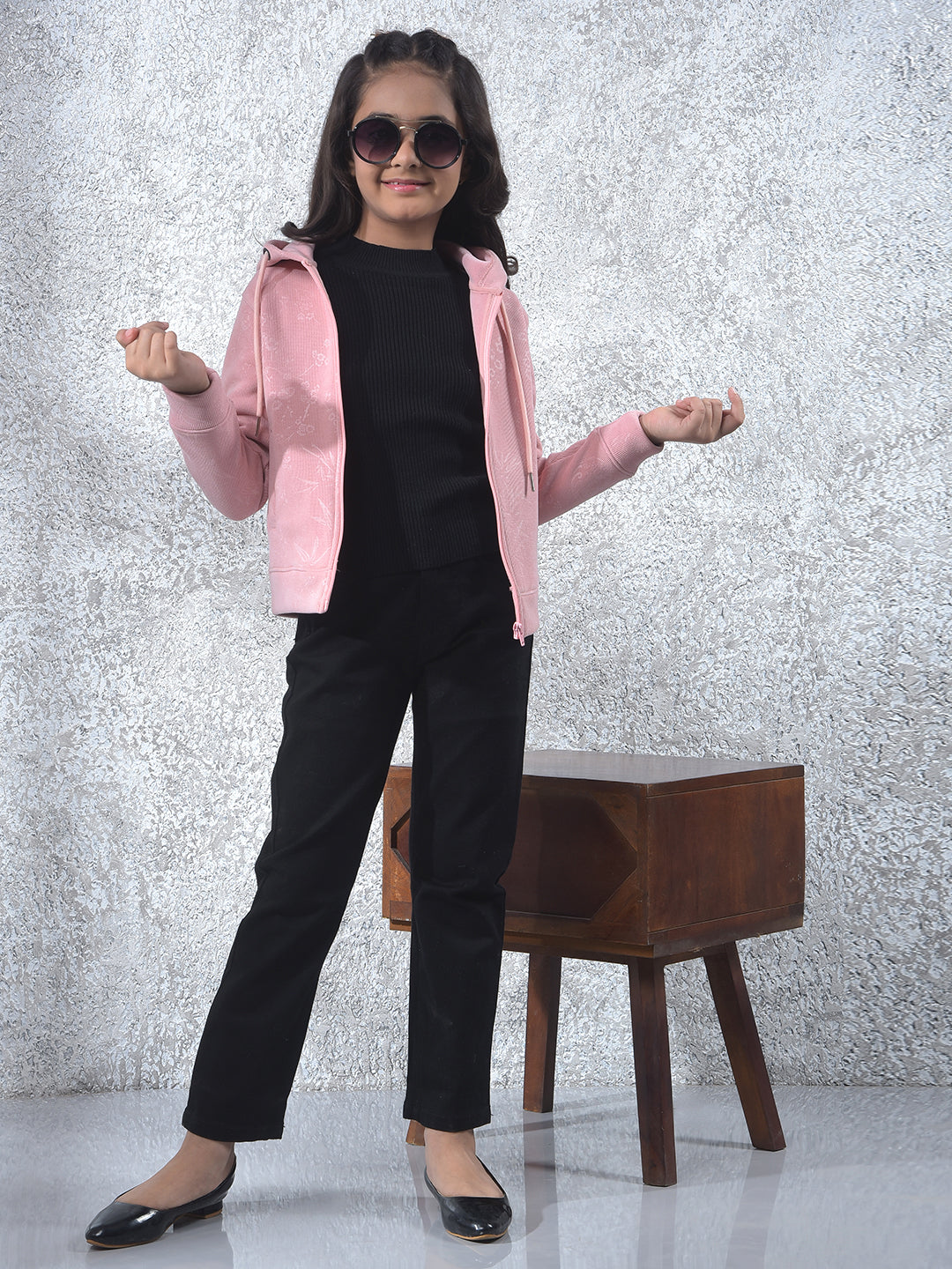 Pink Floral Print Hooded Neck Sweatshirt